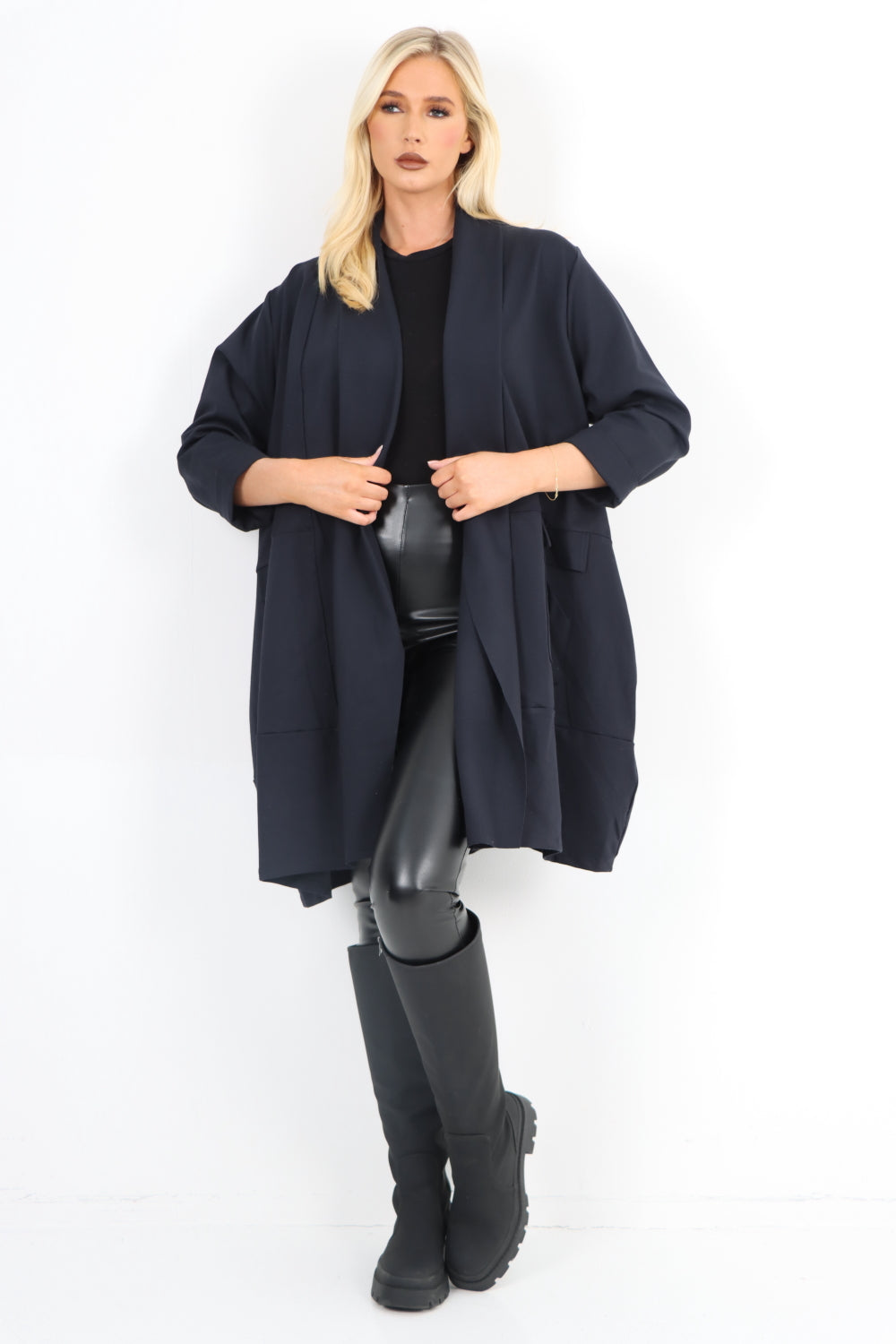 Italian Two Pocket Open Front Long Sleeve Waterfall Blazer Coat