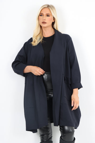 Italian Two Pocket Open Front Long Sleeve Waterfall Blazer Coat