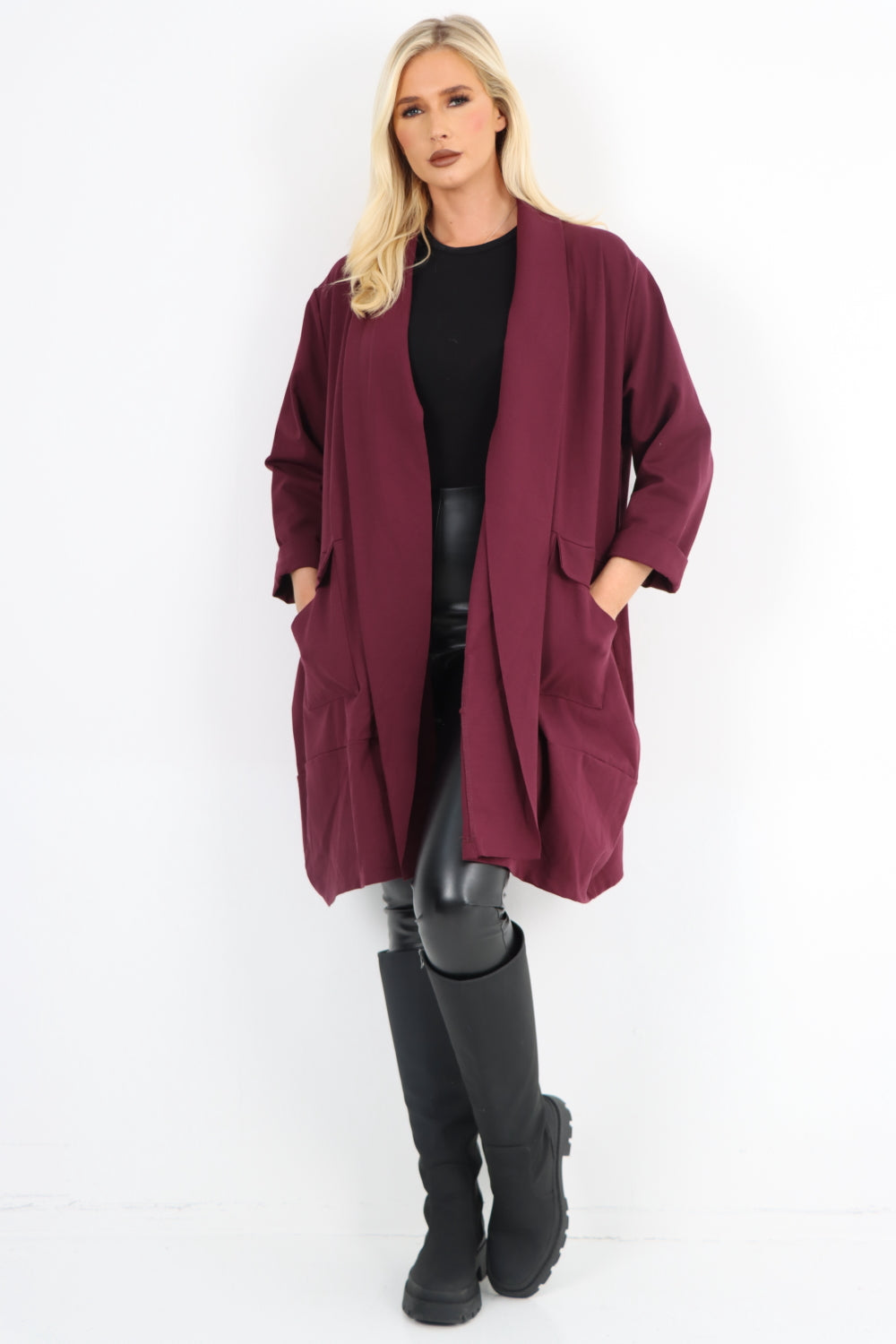 Italian Two Pocket Open Front Long Sleeve Waterfall Blazer Coat