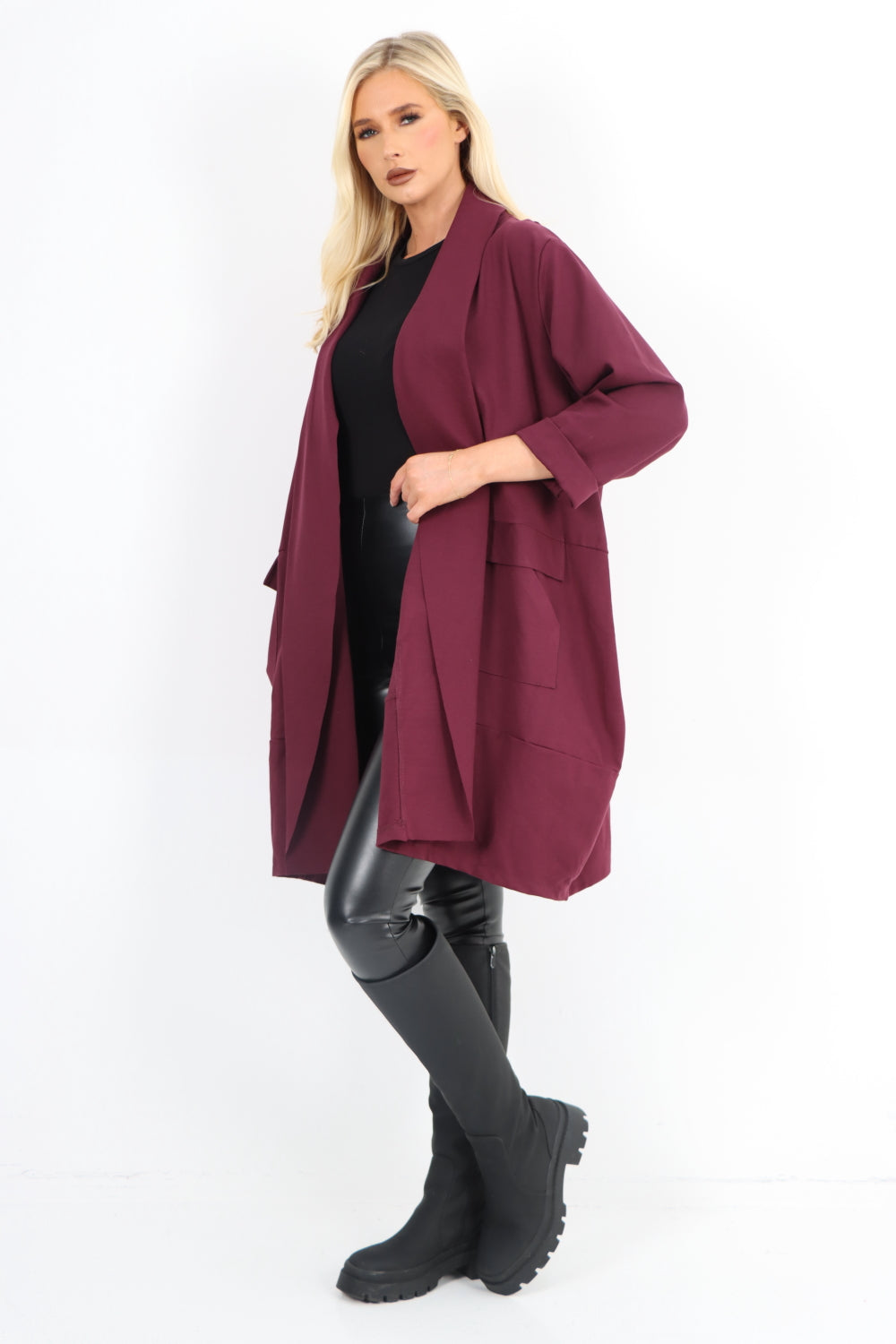 Italian Two Pocket Open Front Long Sleeve Waterfall Blazer Coat