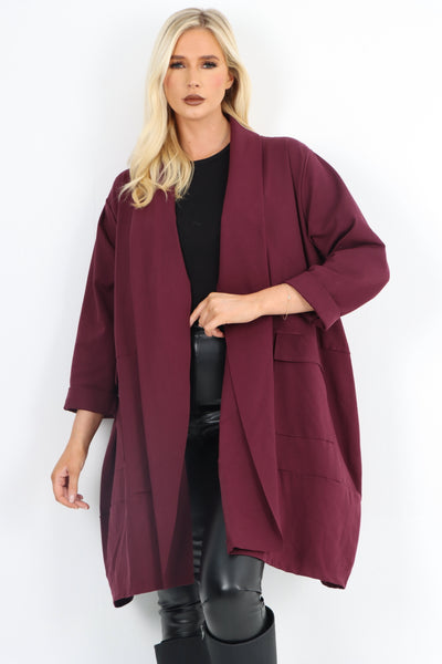 Italian Two Pocket Open Front Long Sleeve Waterfall Blazer Coat