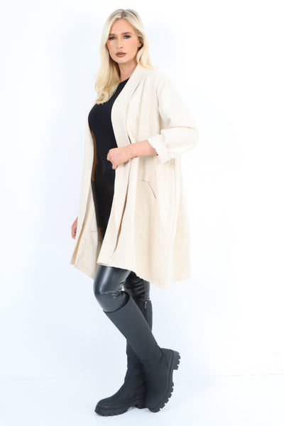 Italian Two Pocket Open Front Long Sleeve Waterfall Blazer Coat