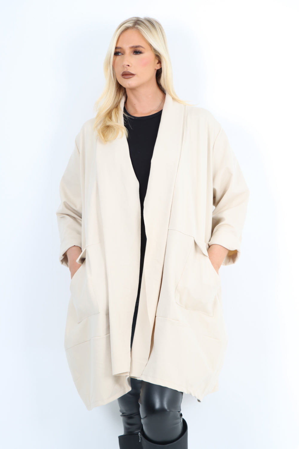 Italian Two Pocket Open Front Long Sleeve Waterfall Blazer Coat