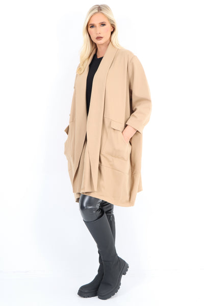 Italian Two Pocket Open Front Long Sleeve Waterfall Blazer Coat