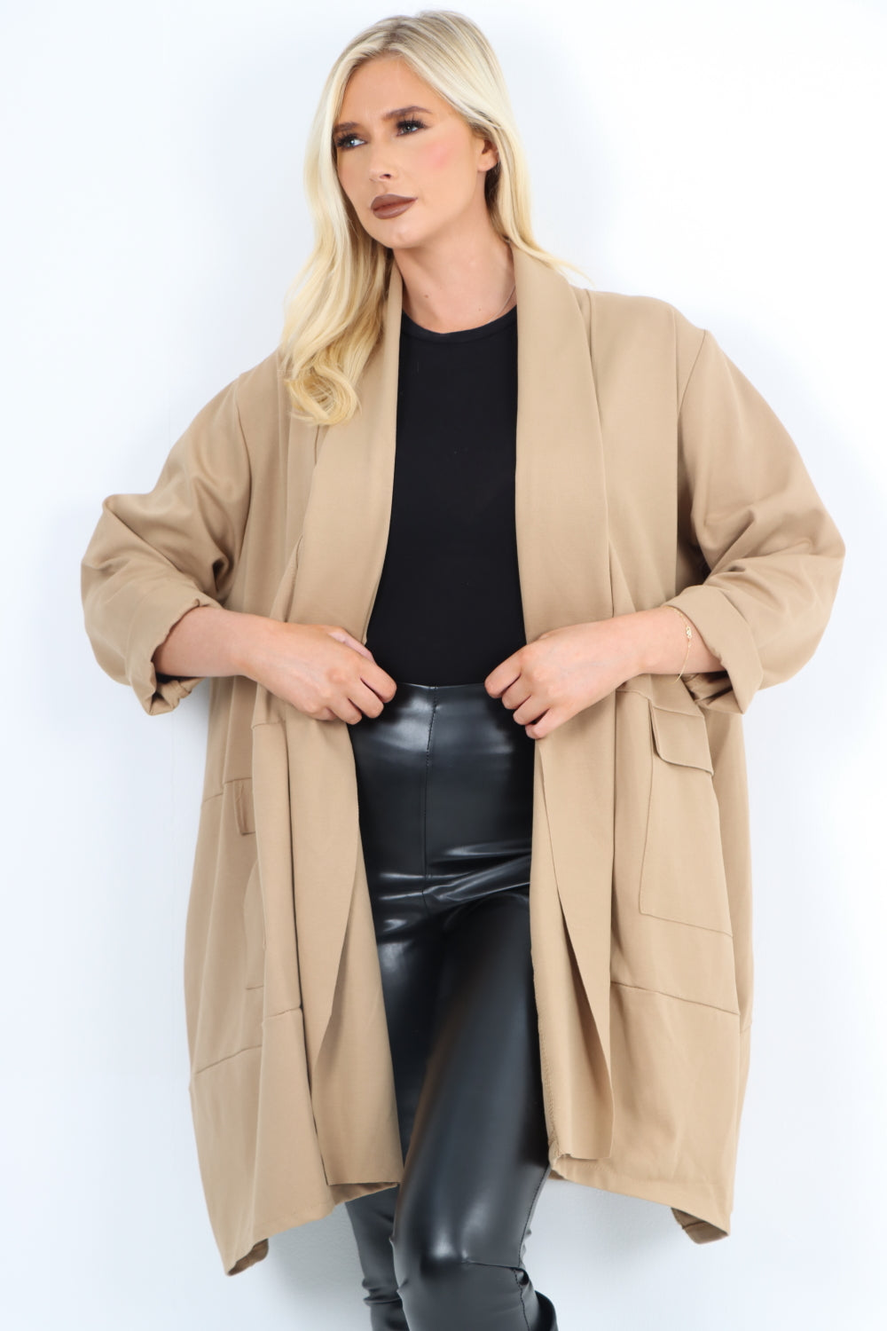 Italian Two Pocket Open Front Long Sleeve Waterfall Blazer Coat