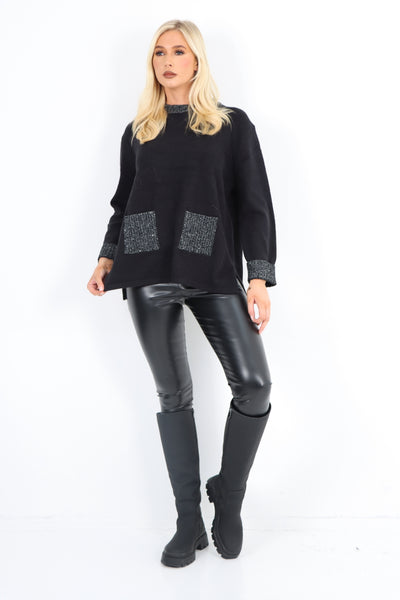 Italian Round Neck Front Pocket Sequin Detailed Jumper Top