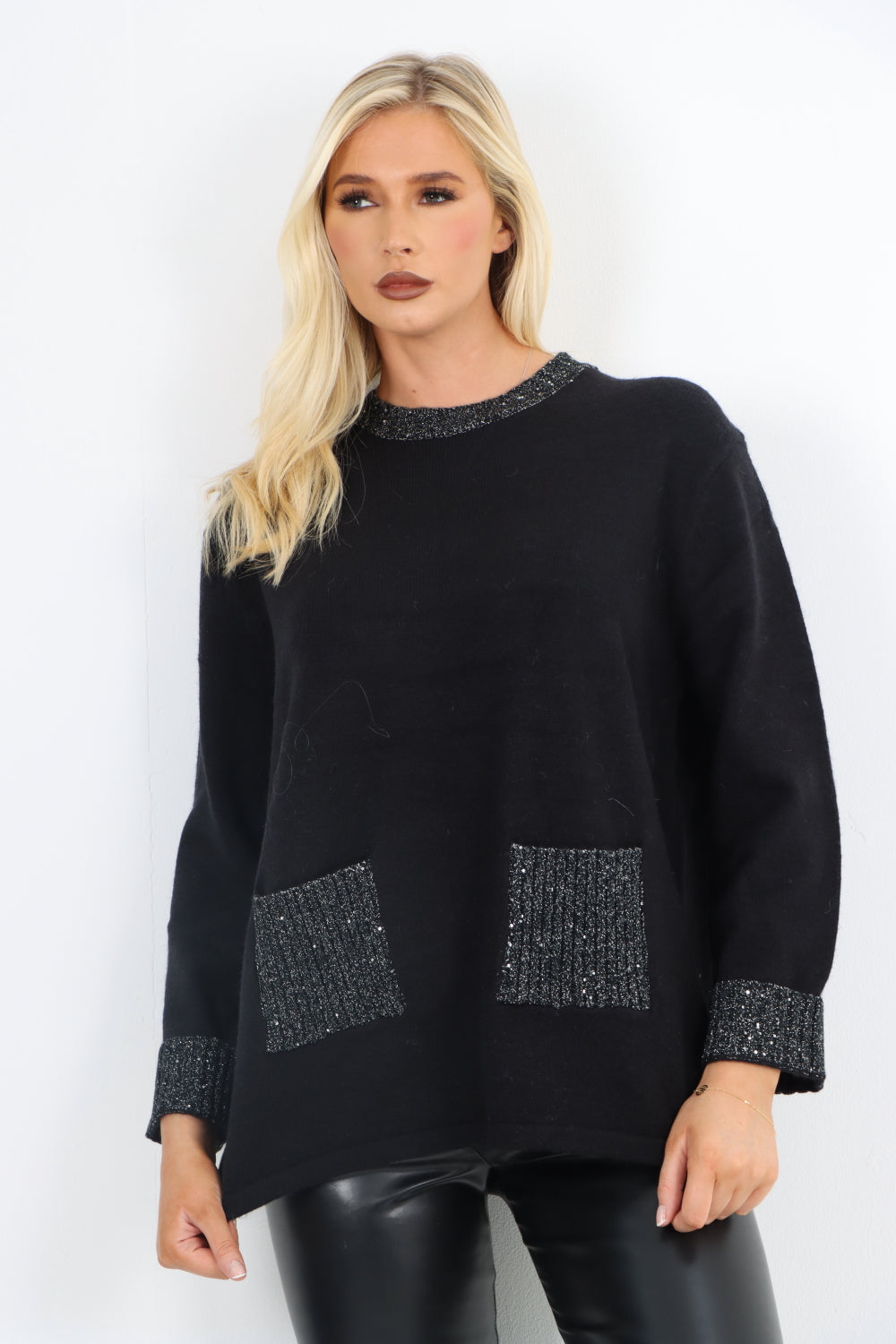 Italian Round Neck Front Pocket Sequin Detailed Jumper Top