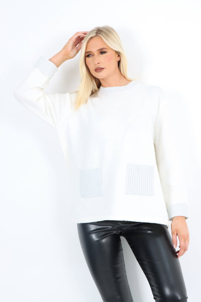 Italian Round Neck Front Pocket Sequin Detailed Jumper Top