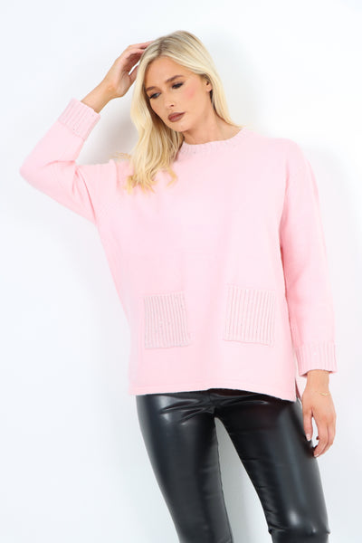 Italian Round Neck Front Pocket Sequin Detailed Jumper Top