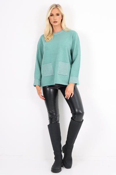 Italian Round Neck Front Pocket Sequin Detailed Jumper Top