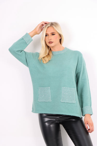 Italian Round Neck Front Pocket Sequin Detailed Jumper Top