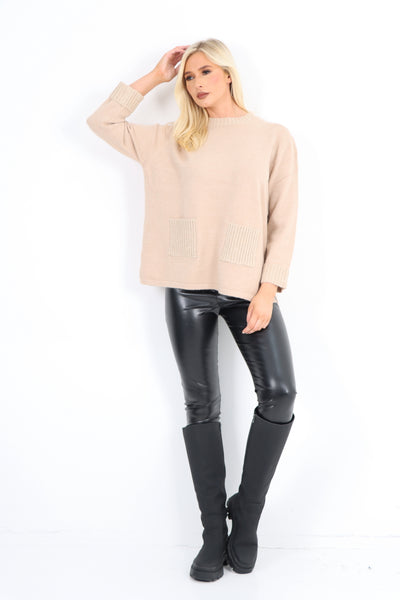 Italian Round Neck Front Pocket Sequin Detailed Jumper Top