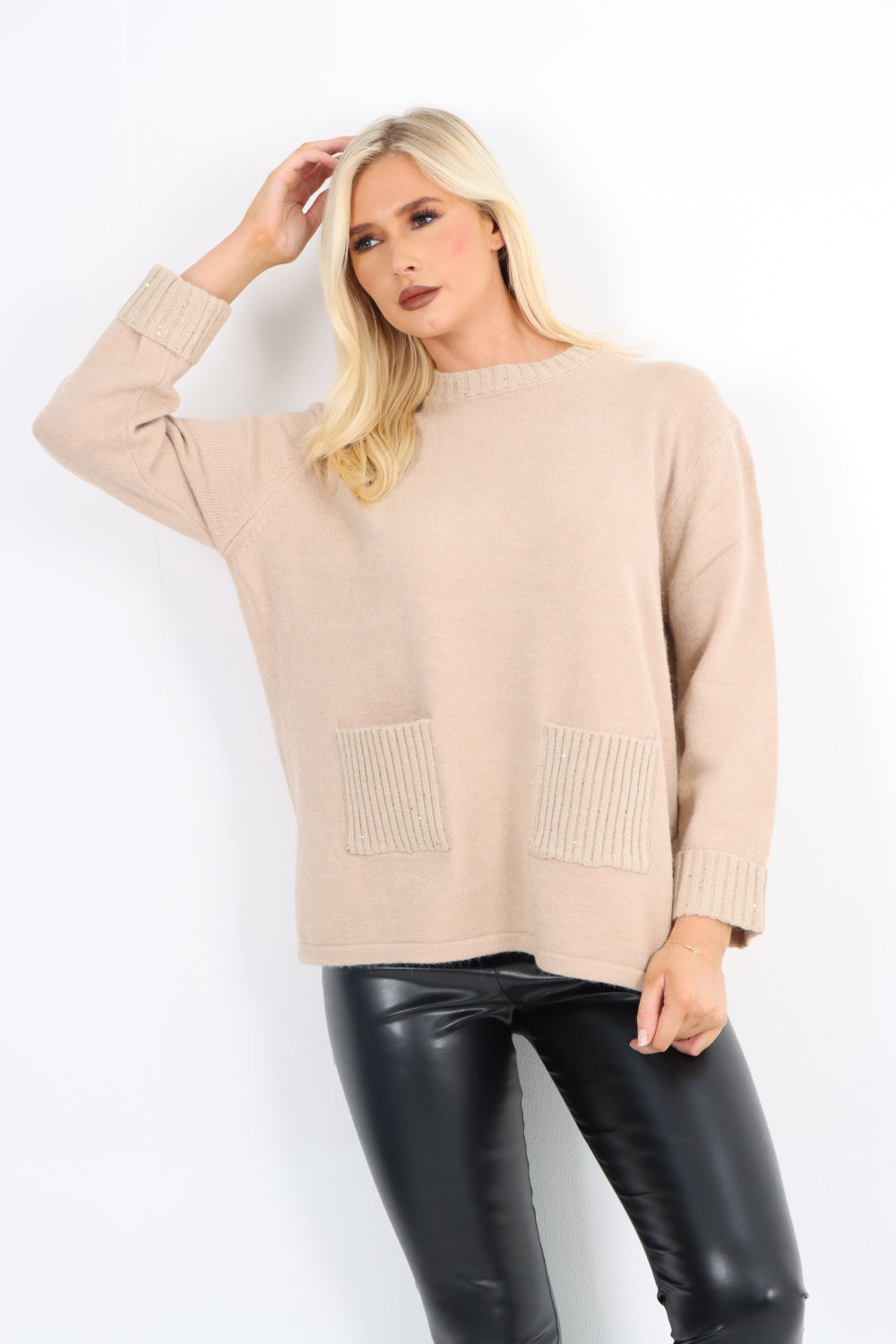 Italian Round Neck Front Pocket Sequin Detailed Jumper Top