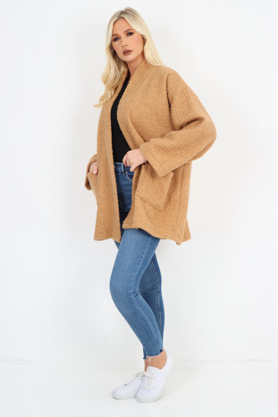 Italian Open Front Long Sleeve Teddy Boucle Cardigan