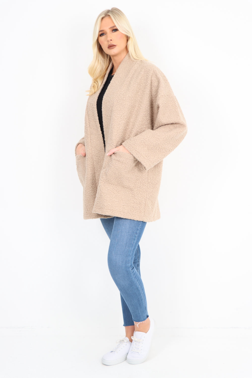 Italian Open Front Long Sleeve Teddy Boucle Cardigan