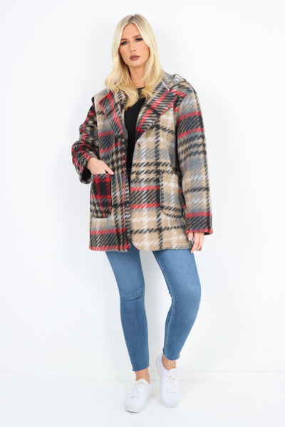 Italian Checked Line Print Button Hooded Front Pockets Coat