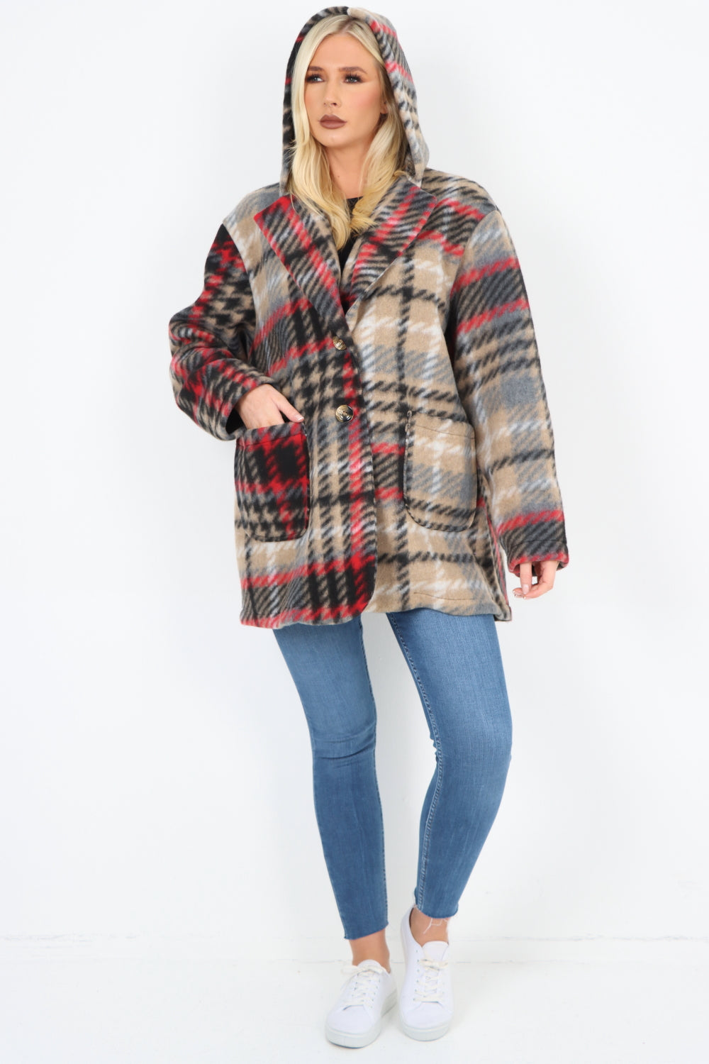 Italian Checked Line Print Button Hooded Front Pockets Coat