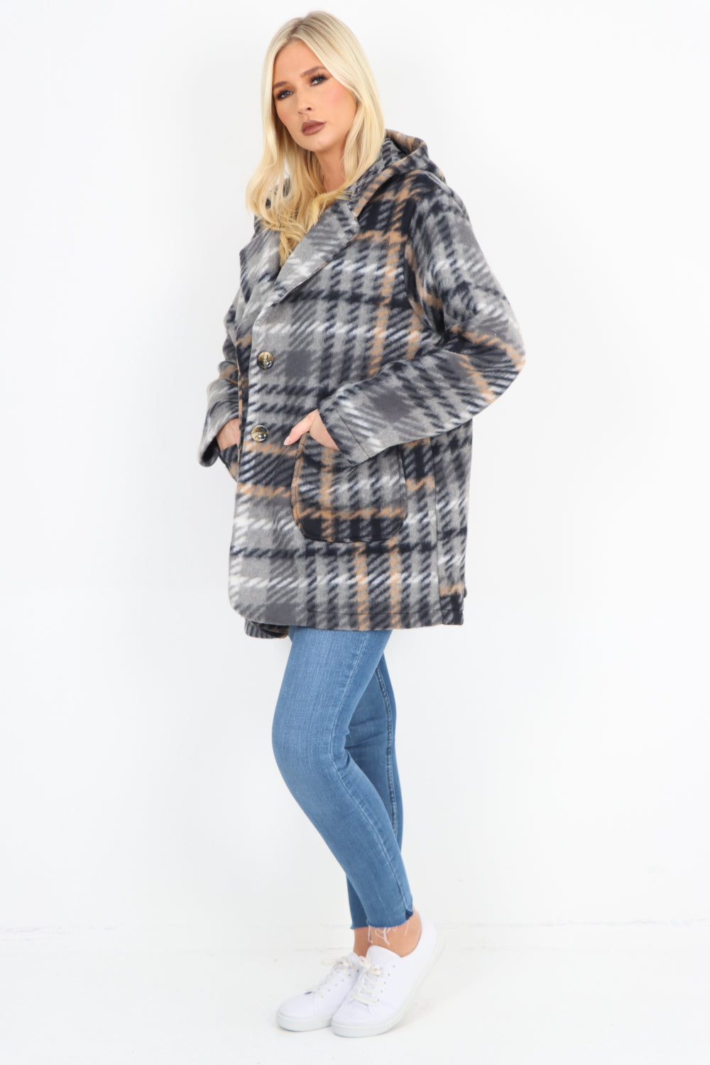 Italian Checked Line Print Button Hooded Front Pockets Coat