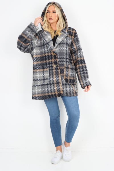 Italian Checked Line Print Button Hooded Front Pockets Coat