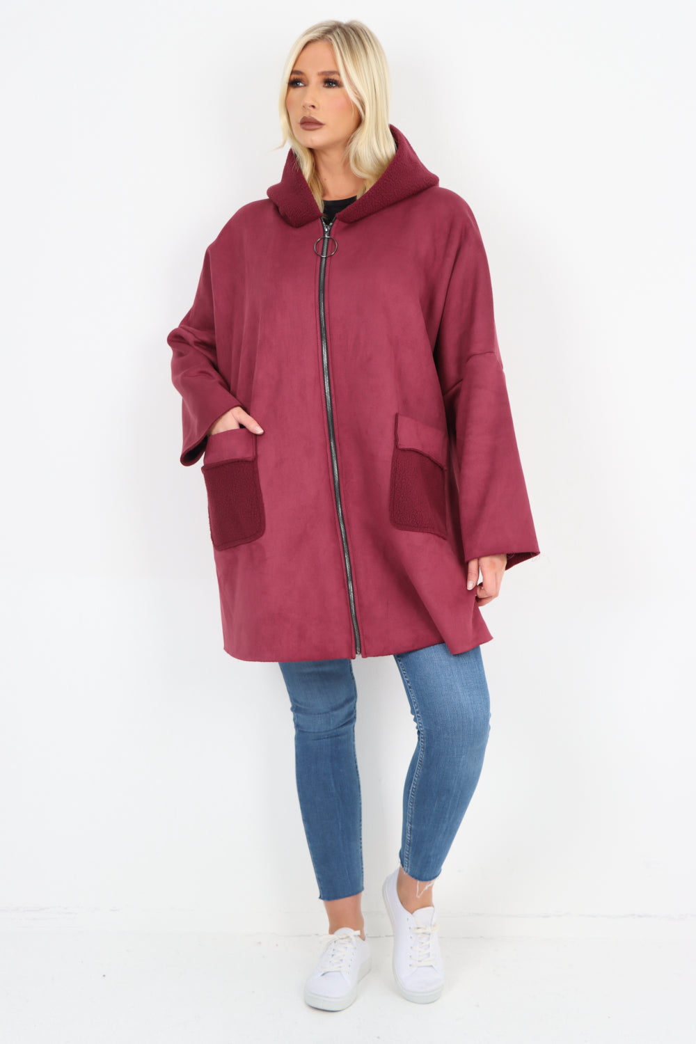 Italian Fleece Lined Hooded Suede Zip Up Pockets Coat