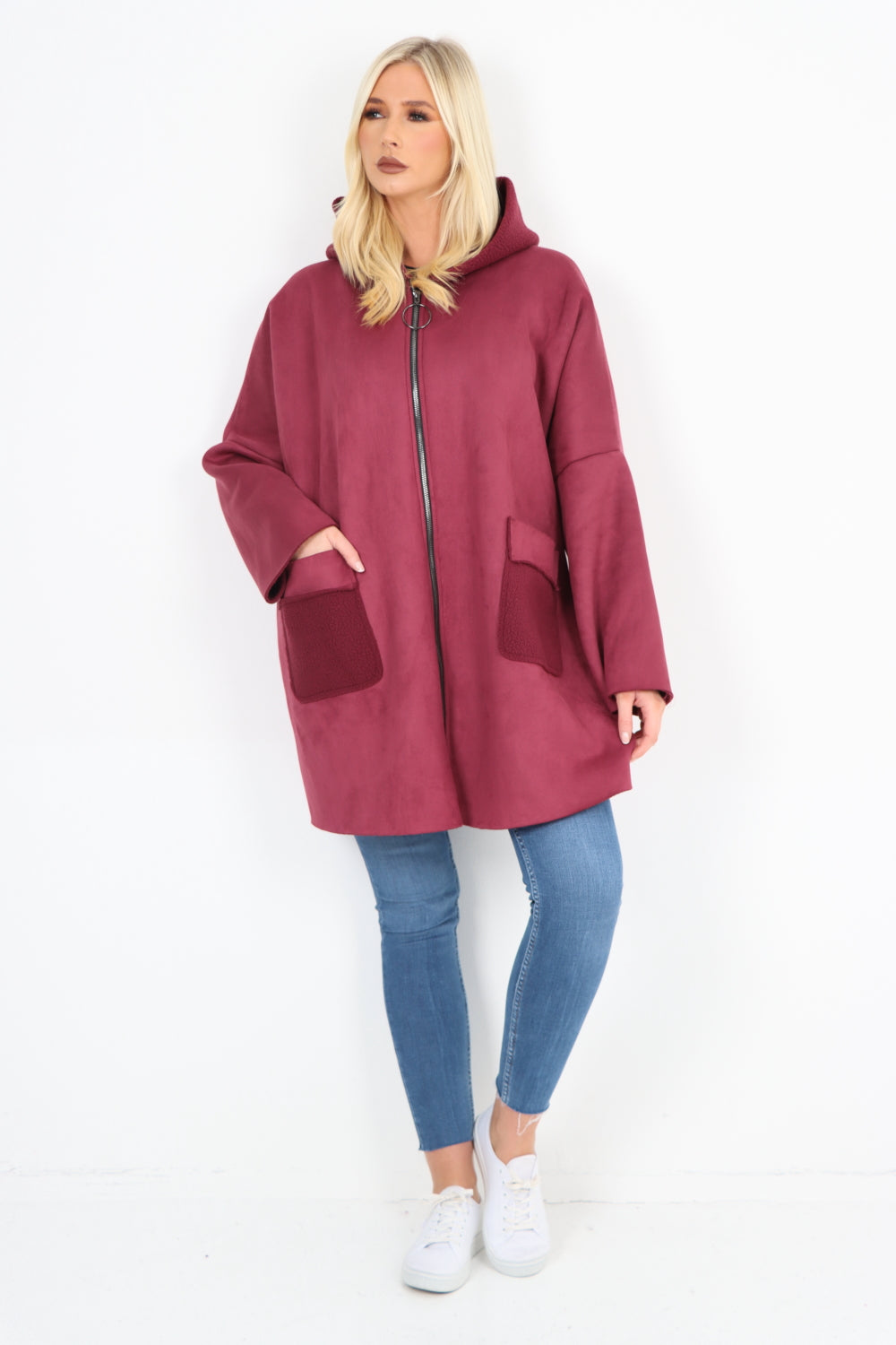 Italian Fleece Lined Hooded Suede Zip Up Pockets Coat