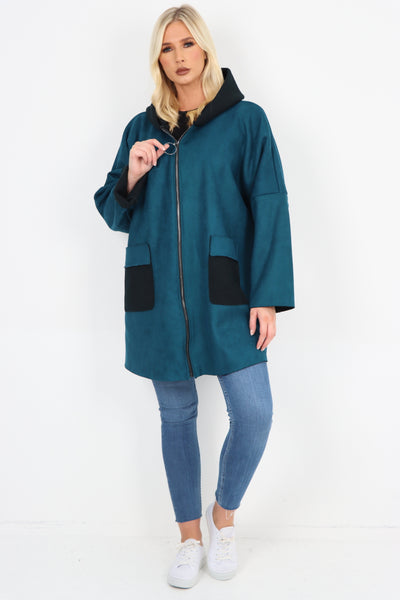 Italian Fleece Lined Hooded Suede Zip Up Pockets Coat