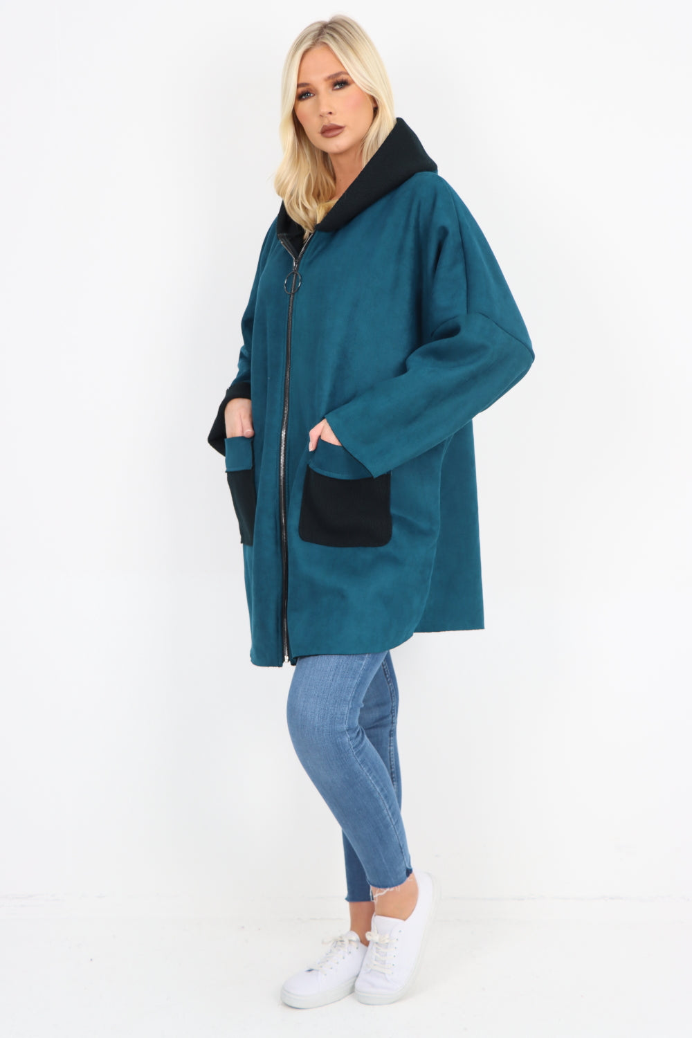 Italian Fleece Lined Hooded Suede Zip Up Pockets Coat