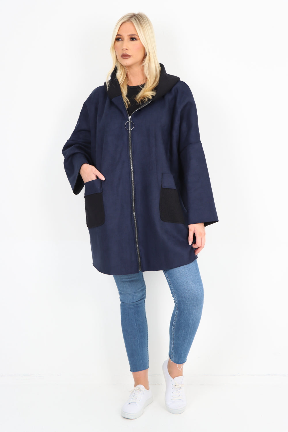 Italian Fleece Lined Hooded Suede Zip Up Pockets Coat