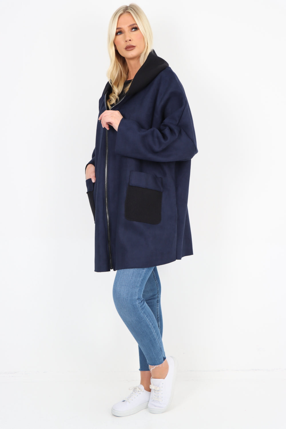 Italian Fleece Lined Hooded Suede Zip Up Pockets Coat