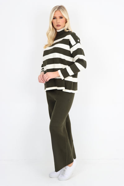 Italian Button Detail Shoulder Stripe Pattern Top and Trouser Co - Ord Set