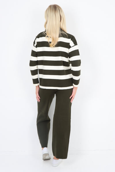 Italian Button Detail Shoulder Stripe Pattern Top and Trouser Co - Ord Set