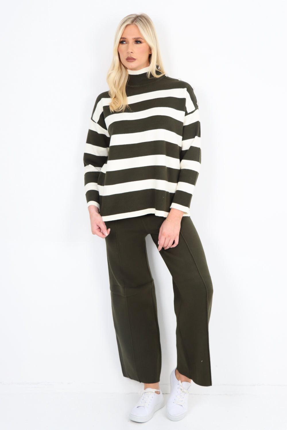 Italian Button Detail Shoulder Stripe Pattern Top and Trouser Co - Ord Set