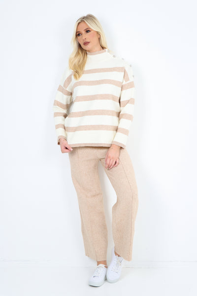 Italian Button Detail Shoulder Stripe Pattern Top and Trouser Co - Ord Set