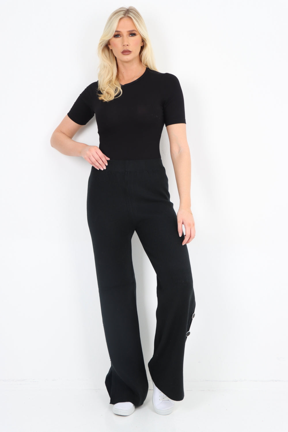 Italian High Waist Button Detail Wide Leg Soft Knit Trouser