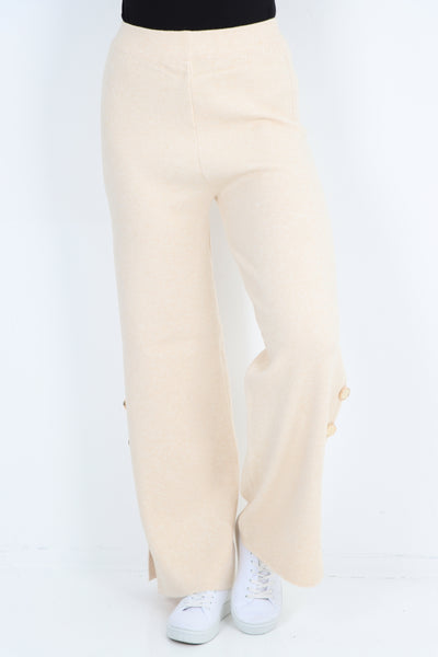 Italian High Waist Button Detail Wide Leg Soft Knit Trouser