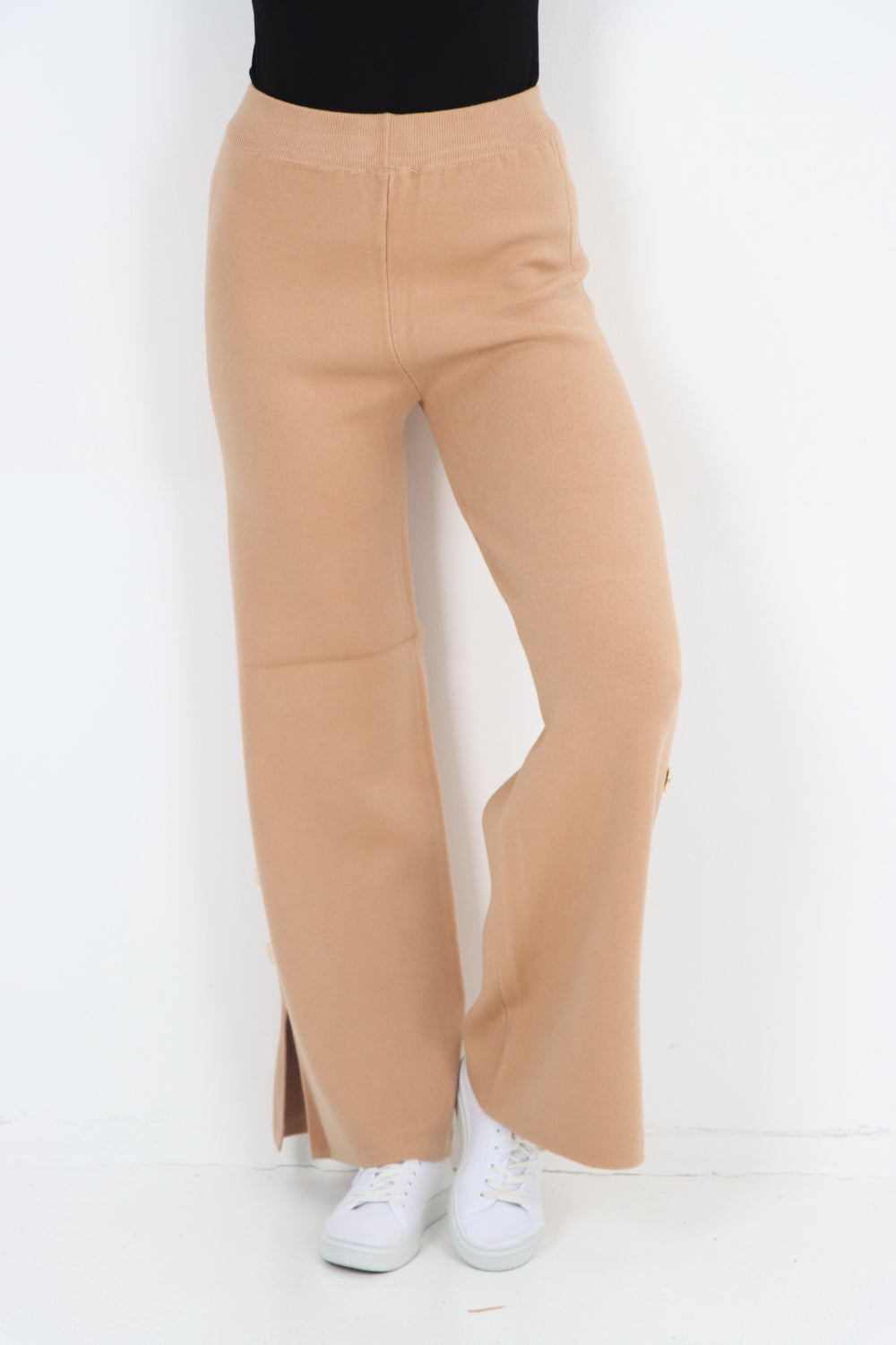 Italian High Waist Button Detail Wide Leg Soft Knit Trouser