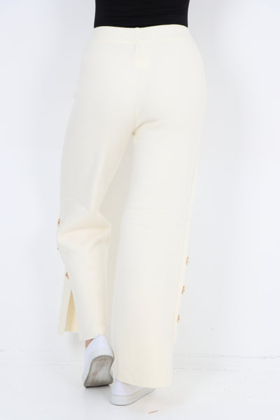 Italian High Waist Button Detail Wide Leg Soft Knit Trouser