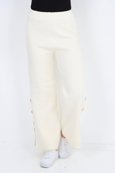 Italian High Waist Button Detail Wide Leg Soft Knit Trouser