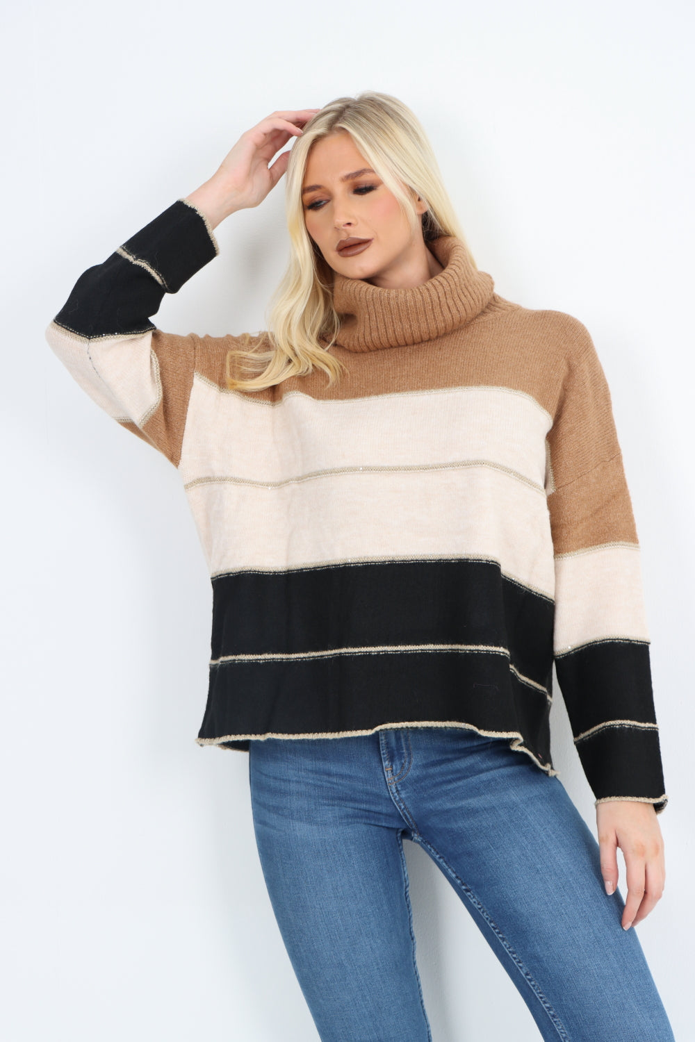 Italian Multicoloured Stripe Cowl Neck Jumper Top