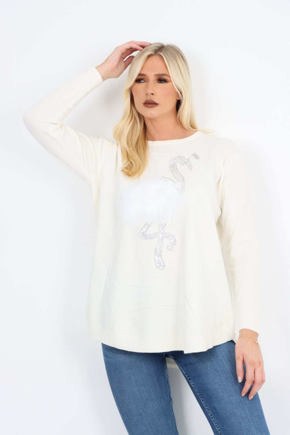 Italian Flamingo Sequin Feather Longsleeve Jumper Top