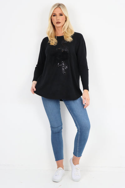 Italian Flamingo Sequin Feather Longsleeve Jumper Top