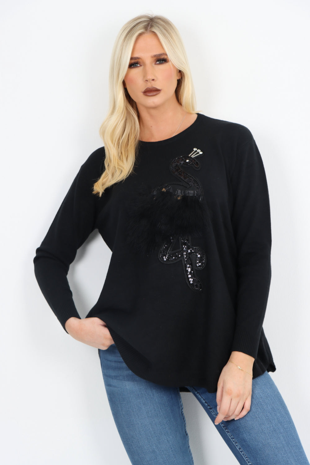 Italian Flamingo Sequin Feather Longsleeve Jumper Top