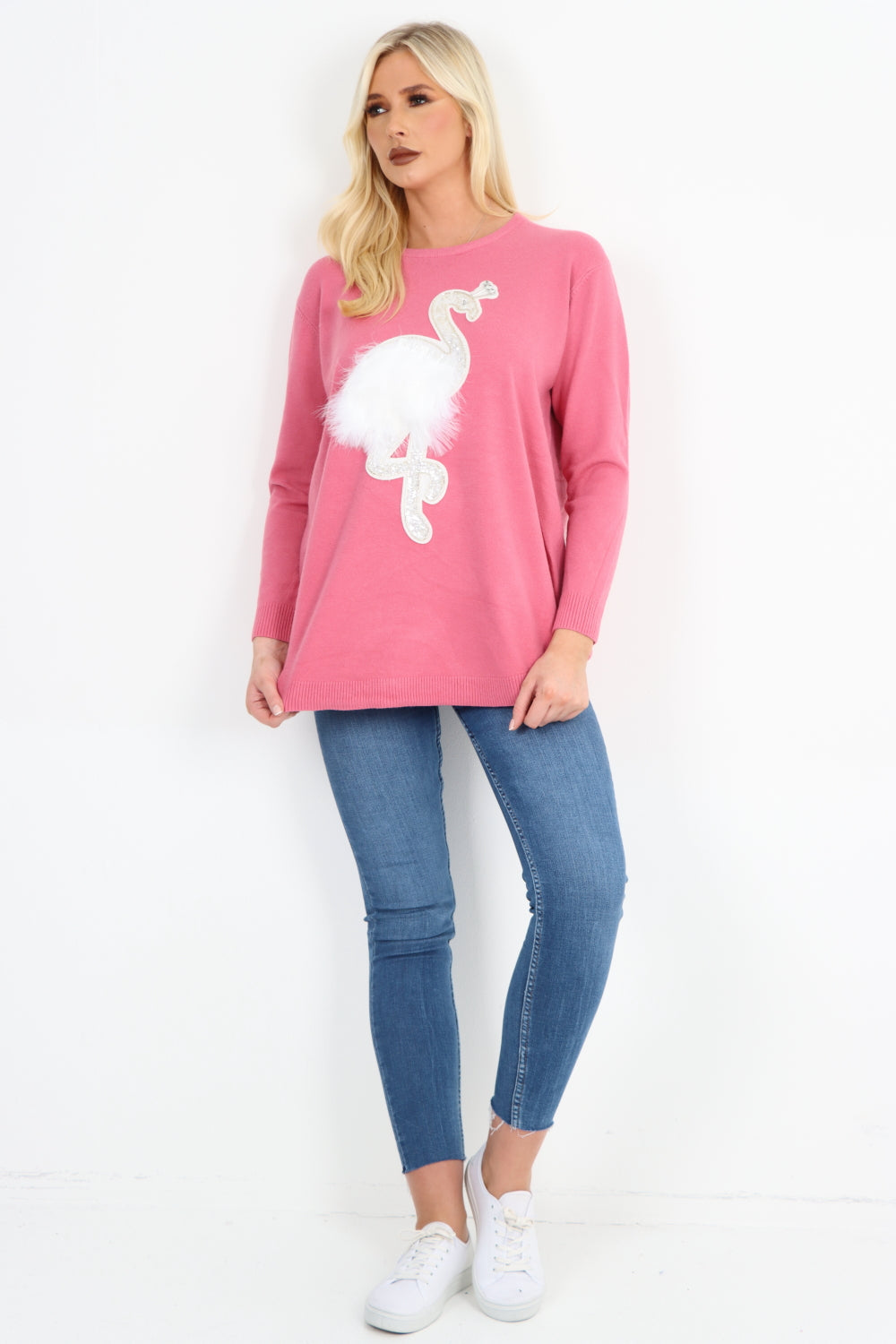 Italian Flamingo Sequin Feather Longsleeve Jumper Top