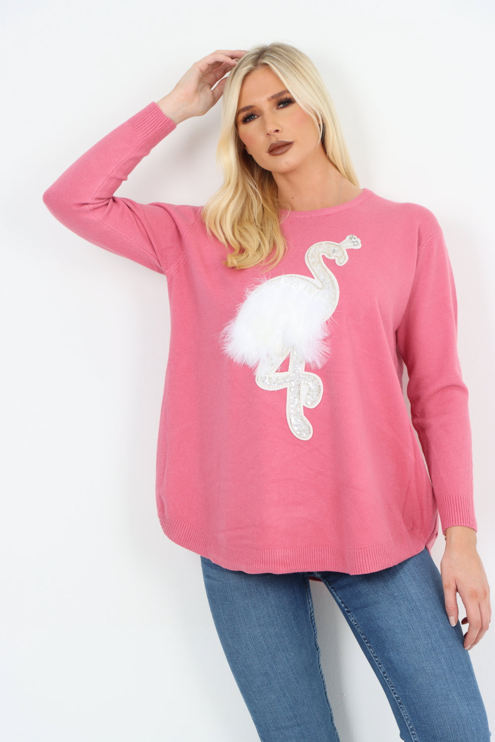 Italian Flamingo Sequin Feather Longsleeve Jumper Top