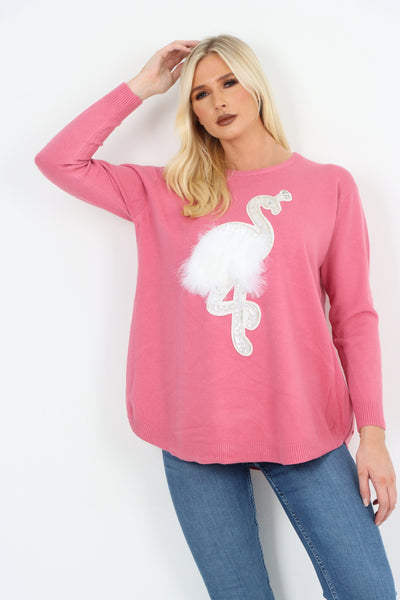 Italian Flamingo Sequin Feather Longsleeve Jumper Top