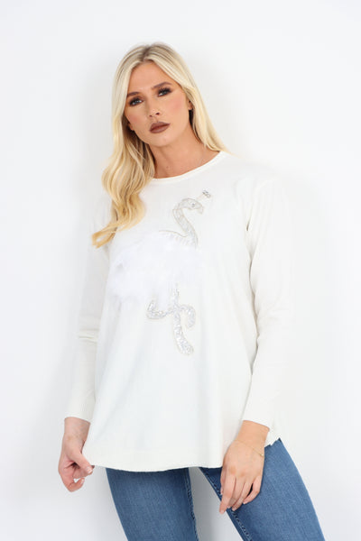 Italian Flamingo Sequin Feather Longsleeve Jumper Top