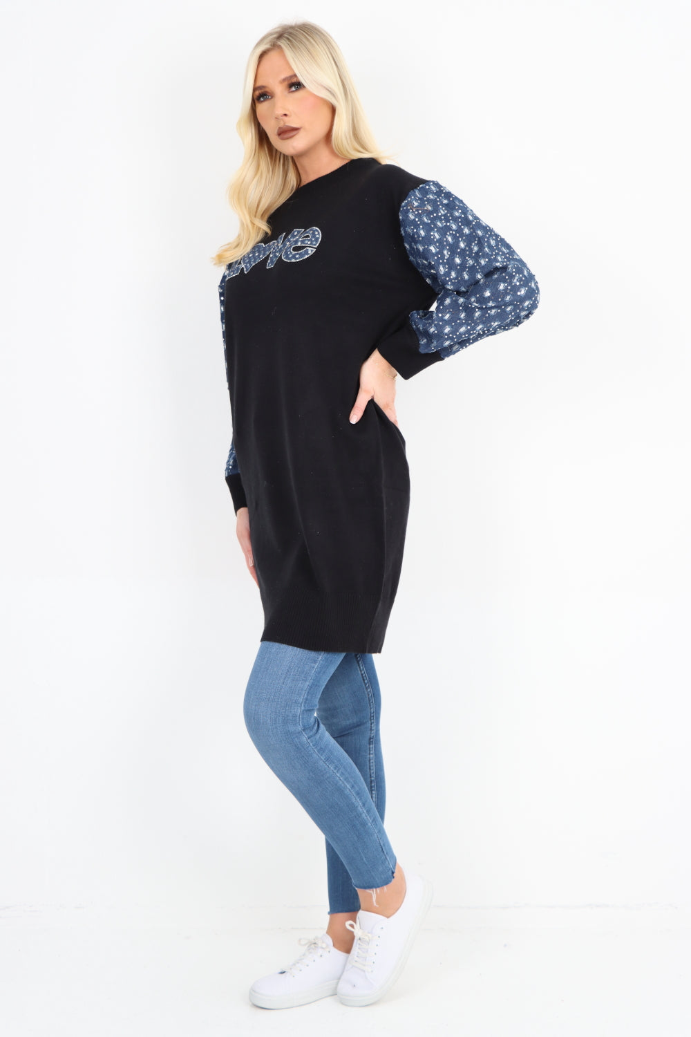 Italian Love Print Denim Sequin Detail Longsleeve Knitted Tunic Top