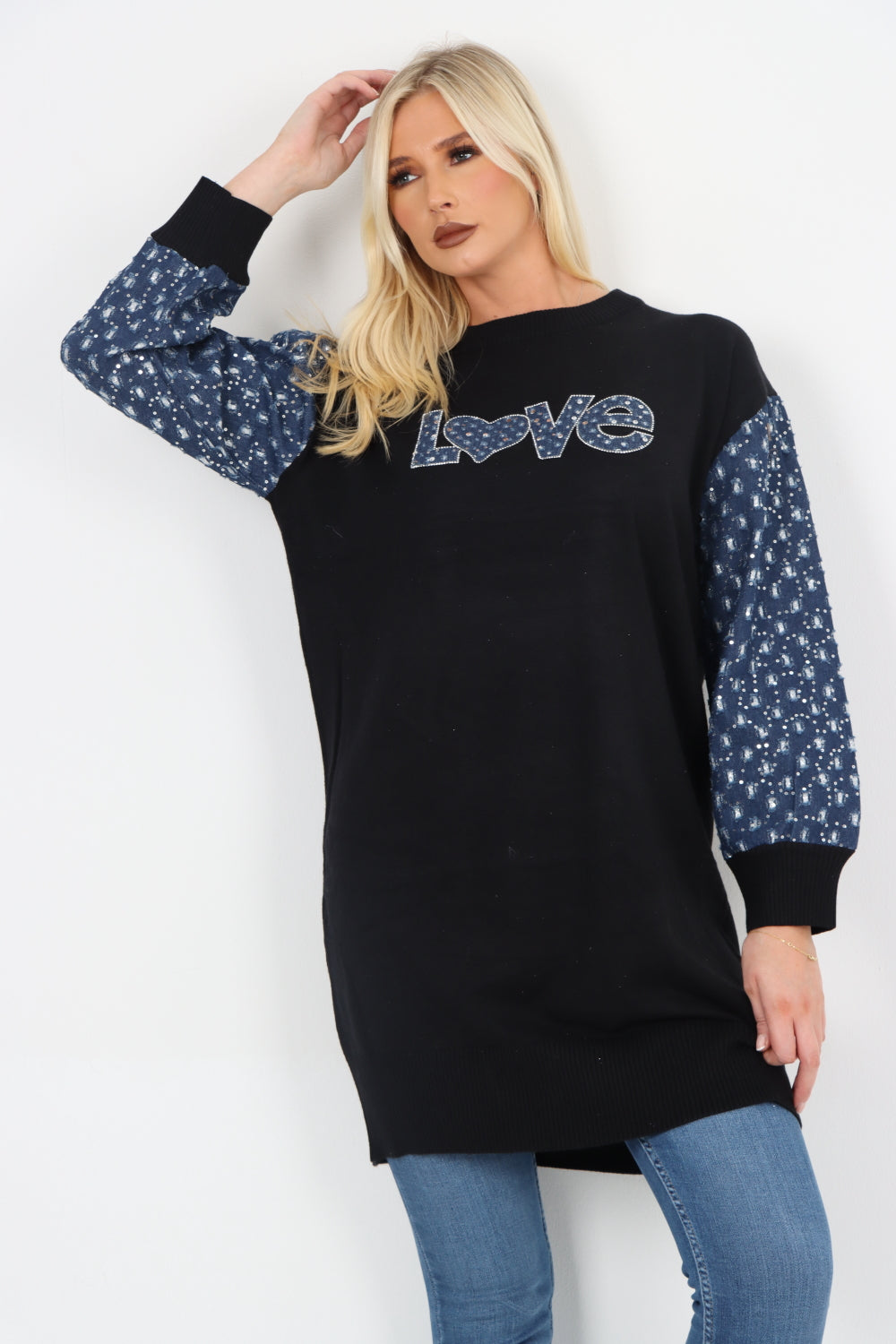 Italian Love Print Denim Sequin Detail Longsleeve Knitted Tunic Top