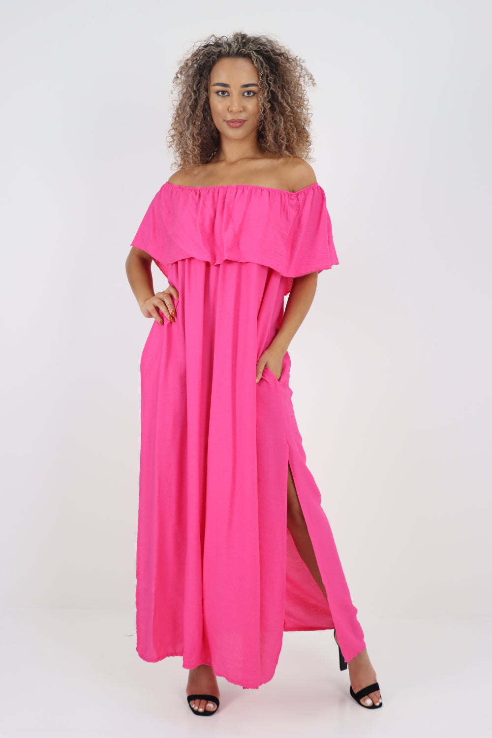 Italian Bardot Frill Layered Double Side Slit Maxi Dress