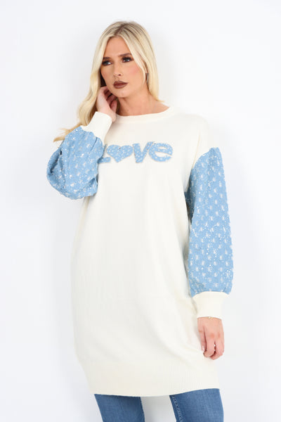 Italian Love Print Denim Sequin Detail Longsleeve Knitted Tunic Top